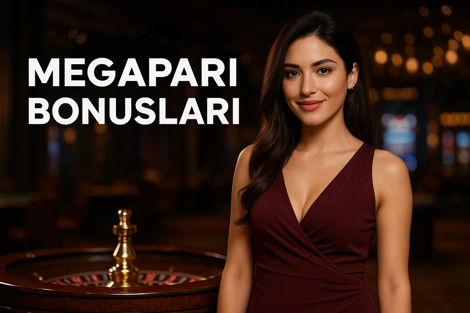 Megapari bonus fırsatları ve promosyon avantajları Gülümseyen Türk kadın, casino ortamında Megapari bonusları yazısı önünde duruyor