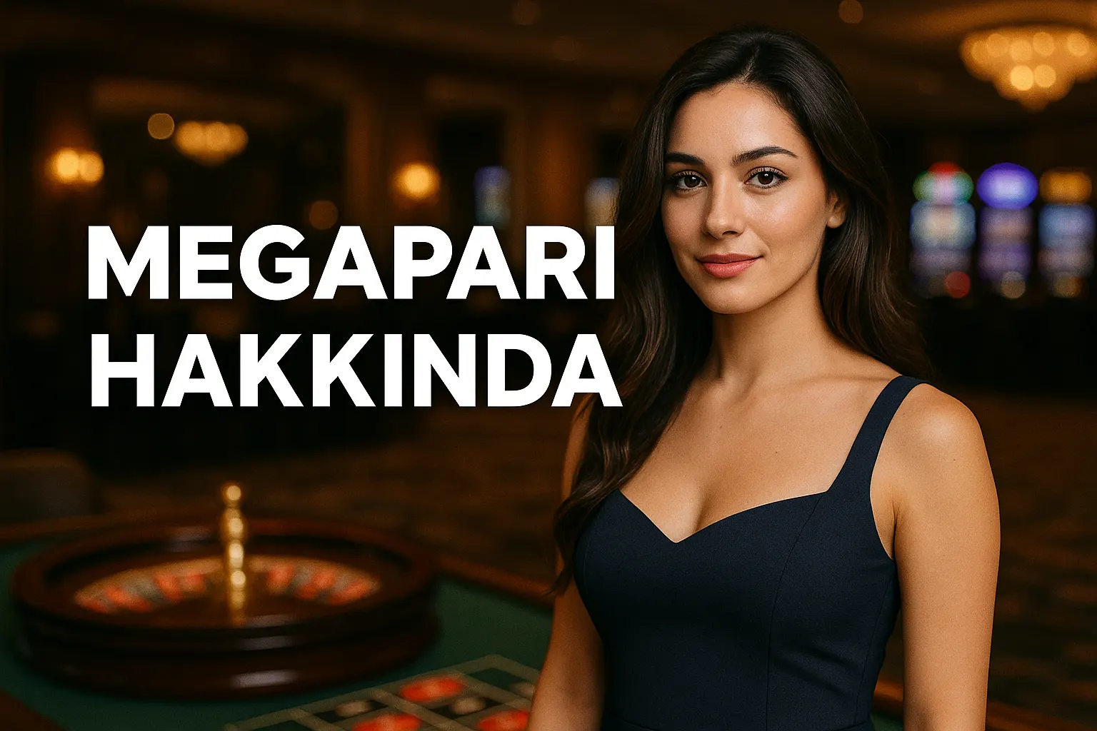 Megapari platformu ve kullanıcı deneyimi Türk kadın, casino arka planında Megapari logosu ile poz veriyor