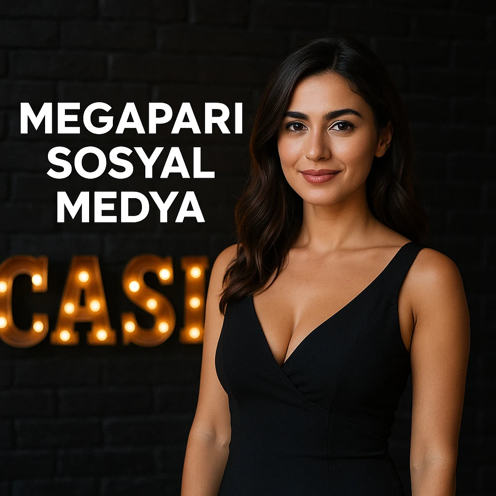 Megapari sosyal medya hesapları ve güncel duyurular Türk kadın, sosyal medya temalı arka planda Megapari yazısı önünde duruyor
