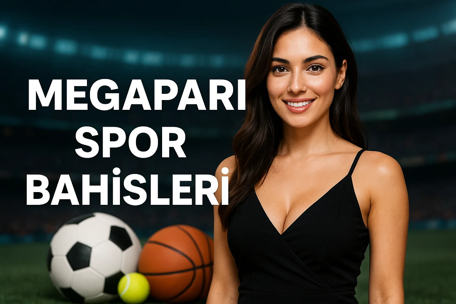 Megapari spor bahisleri ve canlı oranlar Türk kadın, futbol ve basketbol toplarıyla Megapari spor sahnesinde poz veriyor